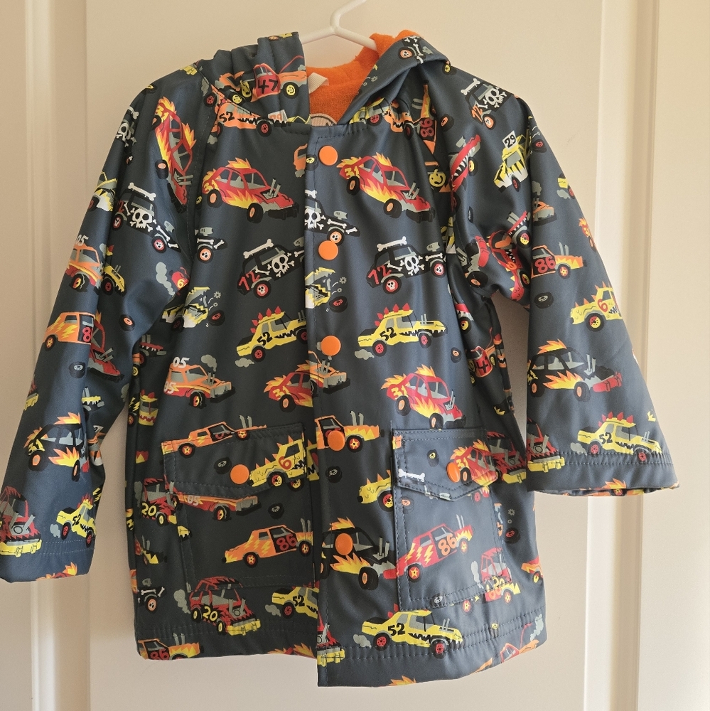 Hatley Kids Dark Gray Raincoat with Yellow & Orange Car Print